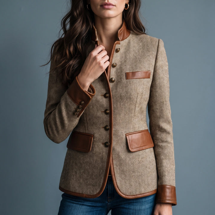 Nerine Tweed Leather Trim Jacket - Brown