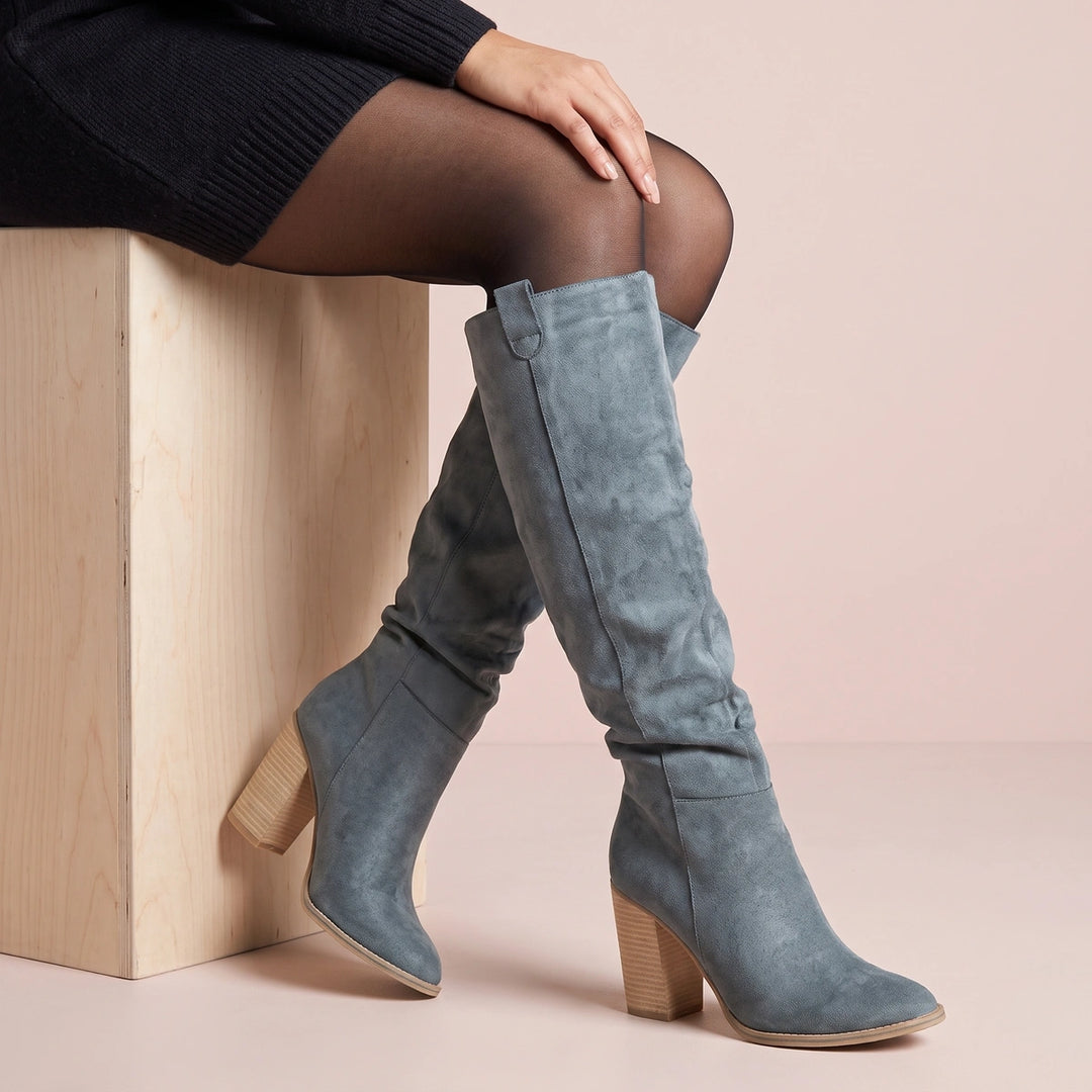 Nerissa Slouch Shaft Stacked Heel Pull On Boots - Gray