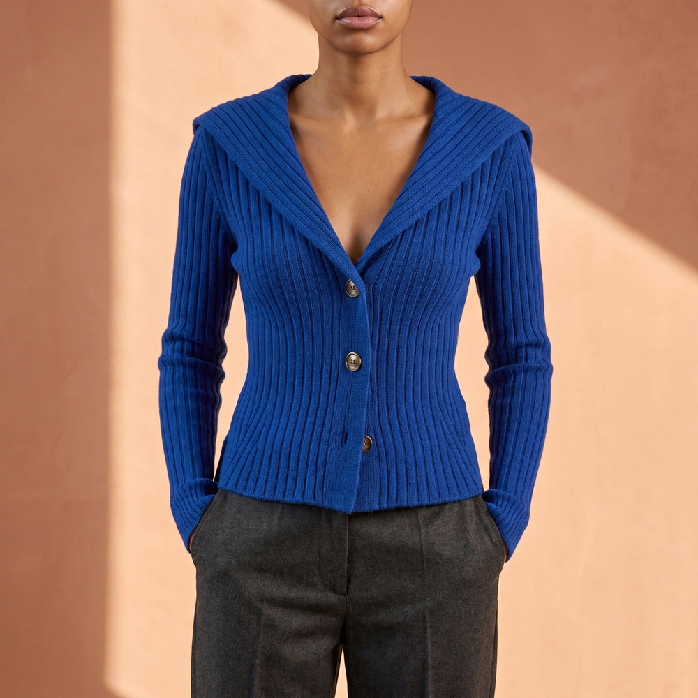 Nerys Ribbed Fold Over Collar Button Cardigan - Blue