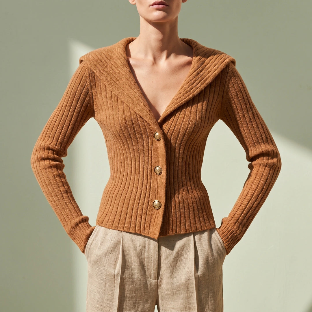 Nerys Ribbed Fold Over Collar Button Cardigan - Brown