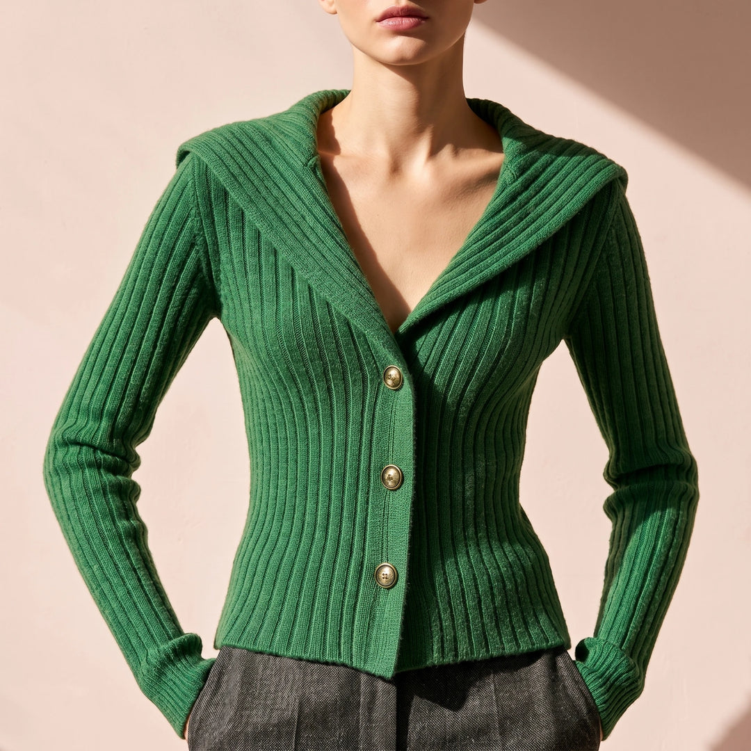 Nerys Ribbed Fold Over Collar Button Cardigan - Green