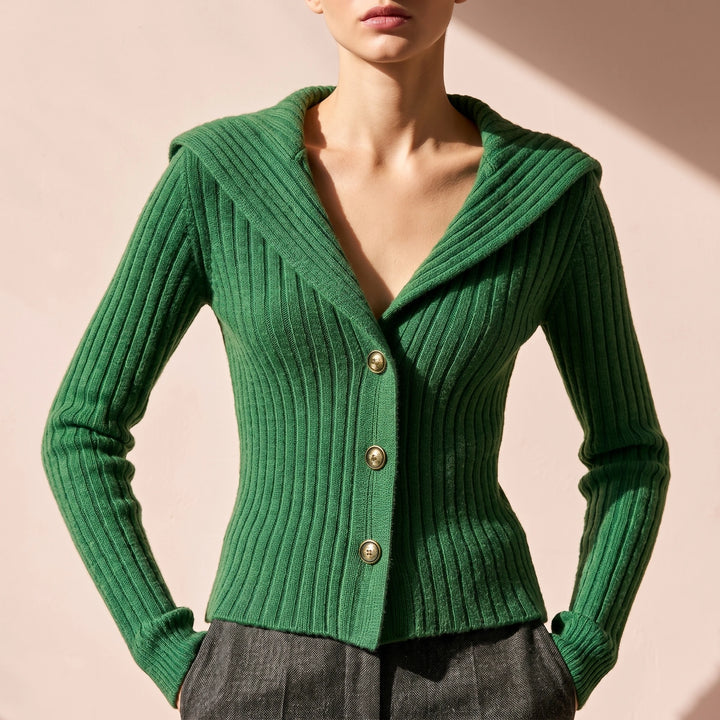 Nerys Ribbed Fold Over Collar Button Cardigan - Green