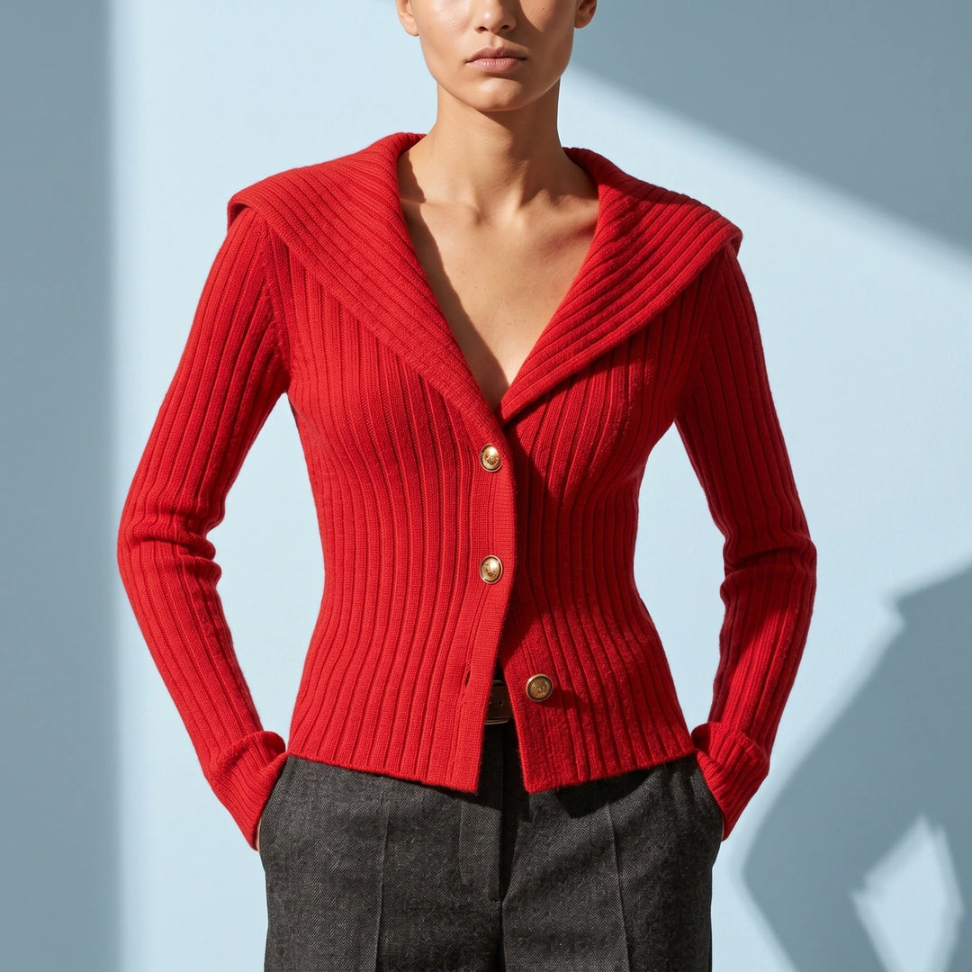 Nerys Ribbed Fold Over Collar Button Cardigan - Red