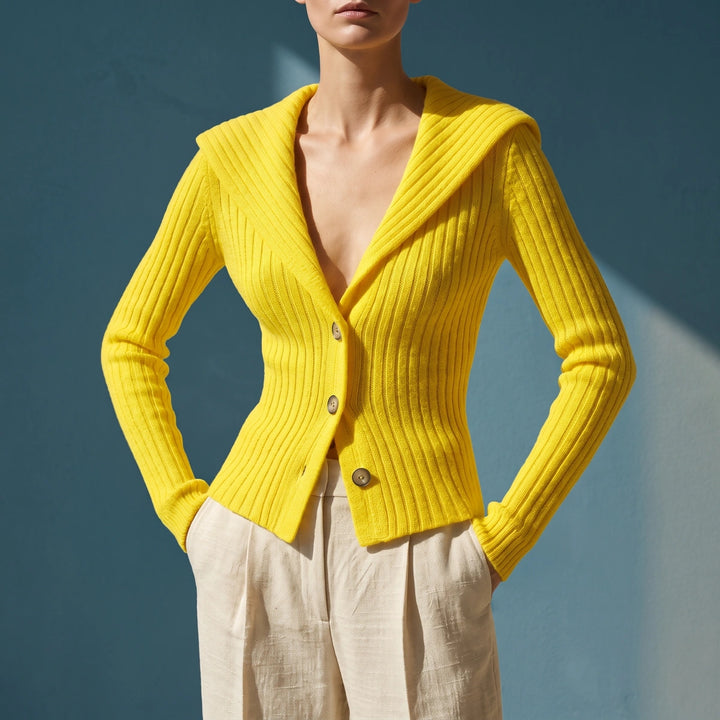 Nerys Ribbed Fold Over Collar Button Cardigan - Yellow