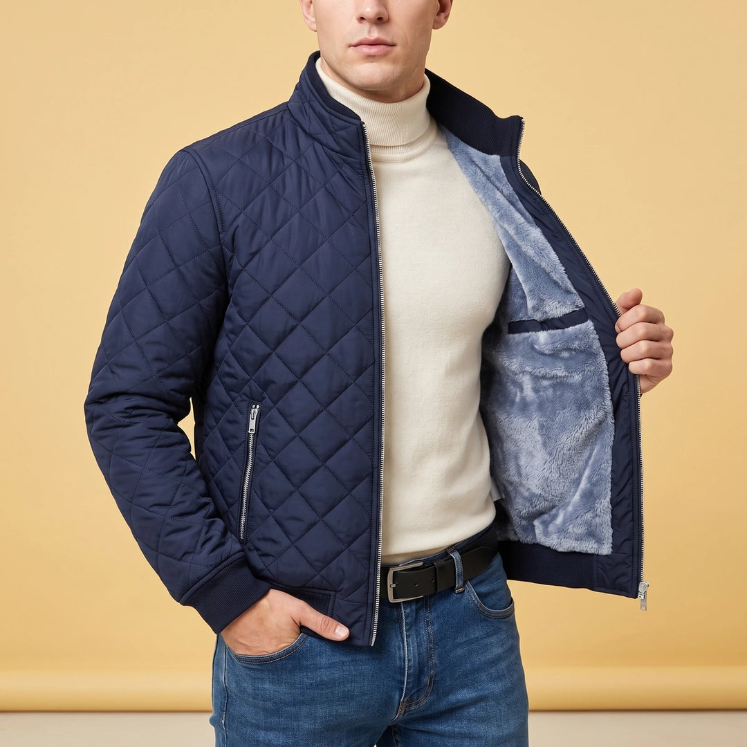 Nicholas Diamond Quilted Sherpa Lined Bomber Jacket - Navy Blue