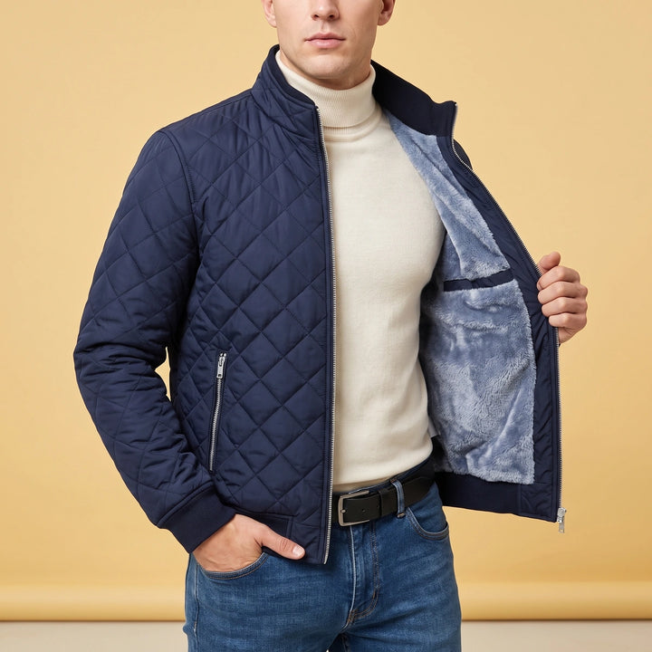 Nicholas Diamond Quilted Sherpa Lined Bomber Jacket - Navy Blue