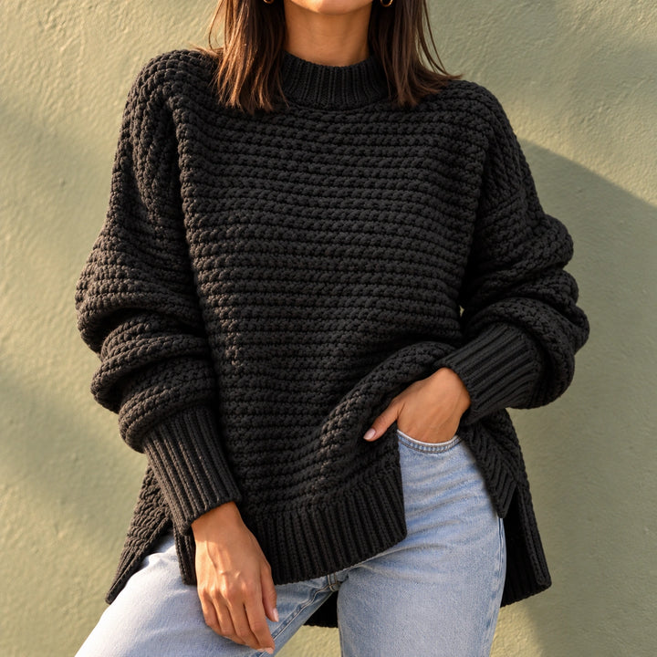 Nicole Chunky Knit Mock Neck Slit Sweater - Black