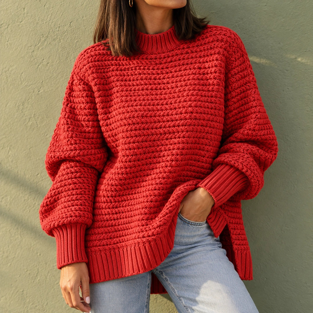 Nicole Chunky Knit Mock Neck Slit Sweater - Red