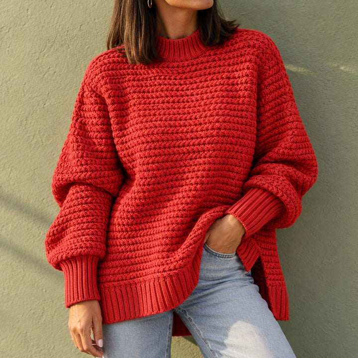 Nicole Chunky Knit Mock Neck Slit Sweater - Red
