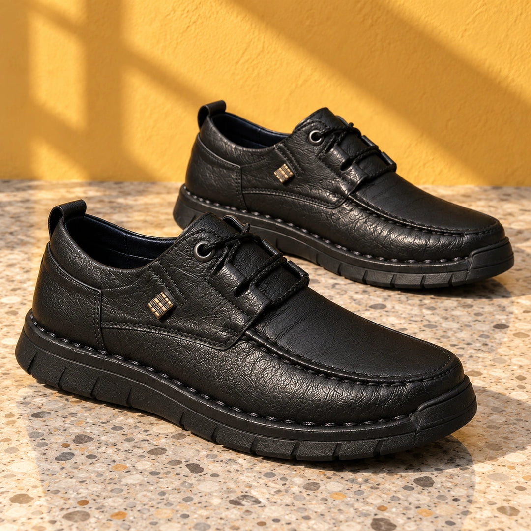 Noel Crinkled Leather Moc Toe Lace Up Shoes - Black