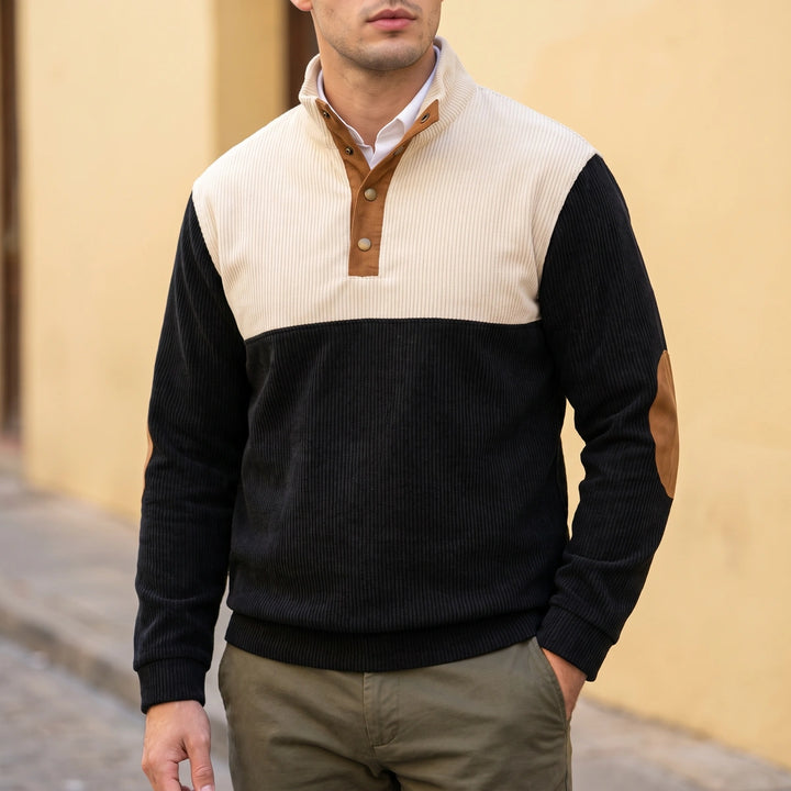 Oberon Two Tone Corduroy Mock Neck Sweater - Black
