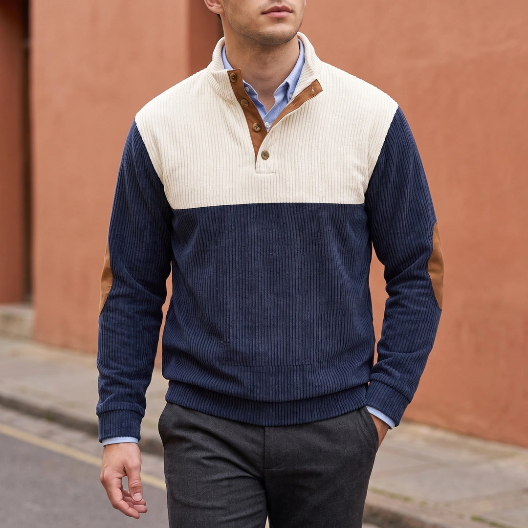 Oberon Two Tone Corduroy Mock Neck Sweater - Blue