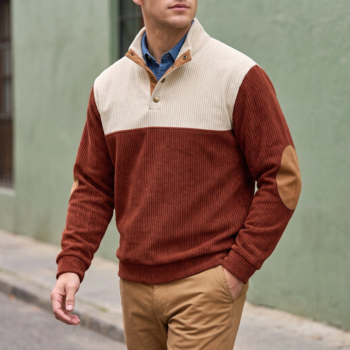 Oberon Two Tone Corduroy Mock Neck Sweater - Red