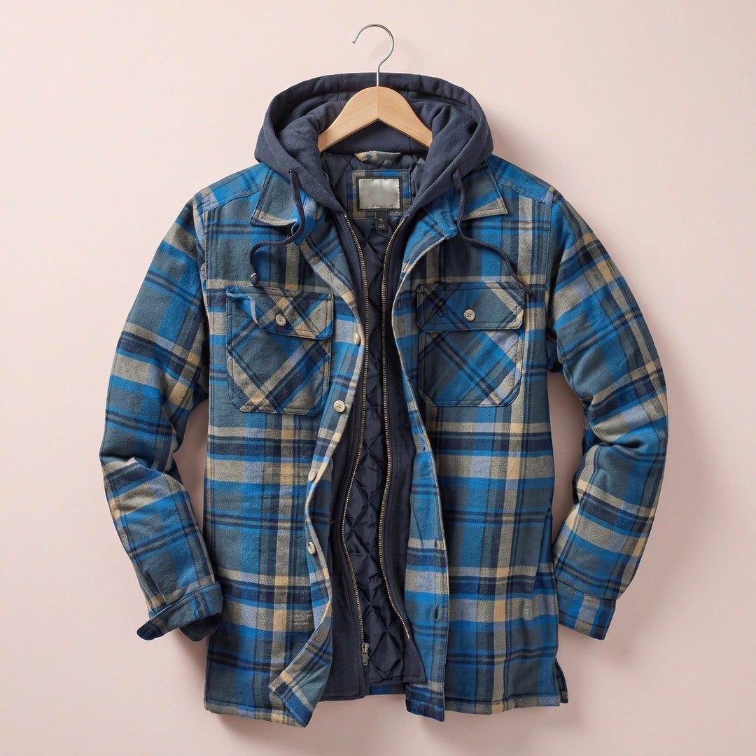 Octavius Quilted Lined Plaid Flannel Hooded Jacket - Blue