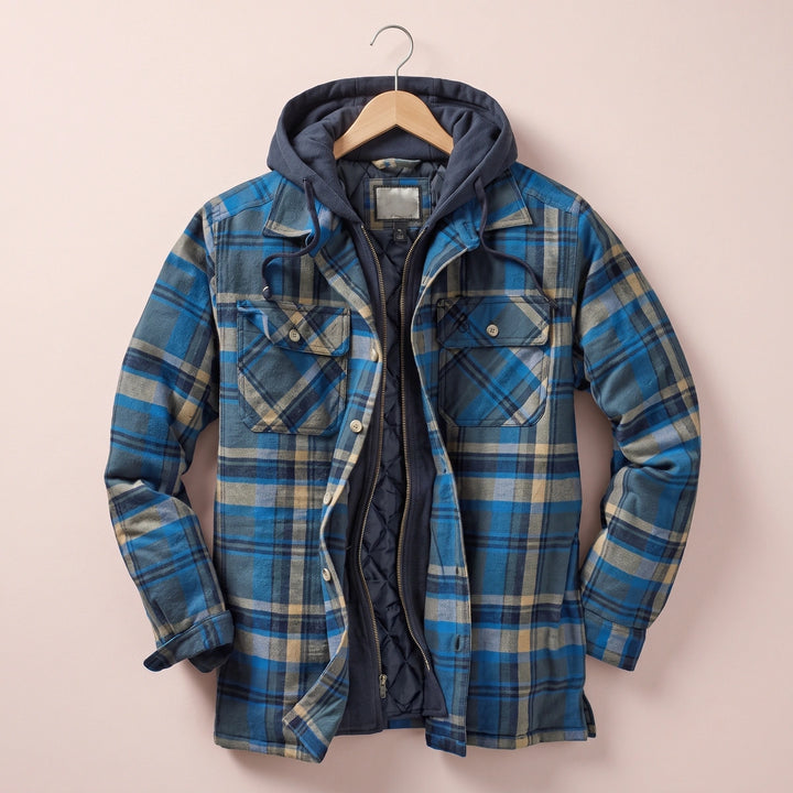 Octavius Quilted Lined Plaid Flannel Hooded Jacket - Blue