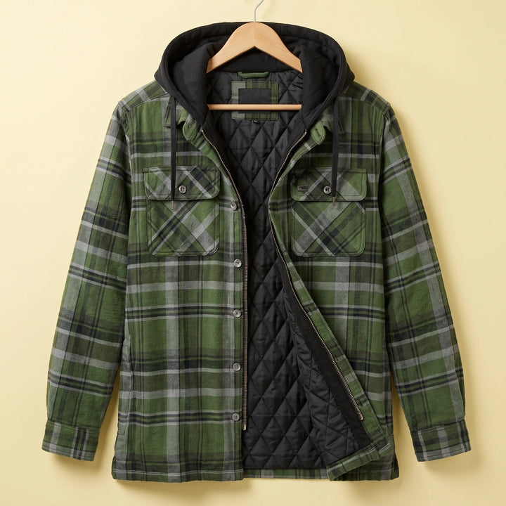 Octavius Quilted Lined Plaid Flannel Hooded Jacket - Green