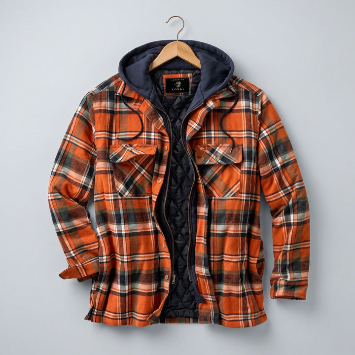 Octavius Quilted Lined Plaid Flannel Hooded Jacket - Orange
