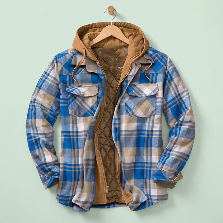 Octavius Quilted Lined Plaid Flannel Hooded Jacket - Sky