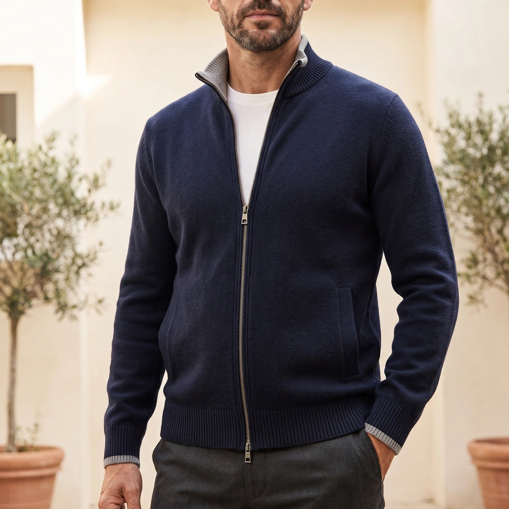 Olivier Wool Blend Full Zip Stand Collar Cardigan - Blue