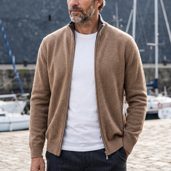 Olivier Wool Blend Full Zip Stand Collar Cardigan - Camel