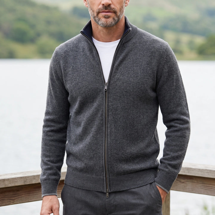 Olivier Wool Blend Full Zip Stand Collar Cardigan - Gray