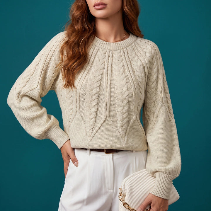 Ophelia Cable Knit Balloon Sleeve Sweater - Beige