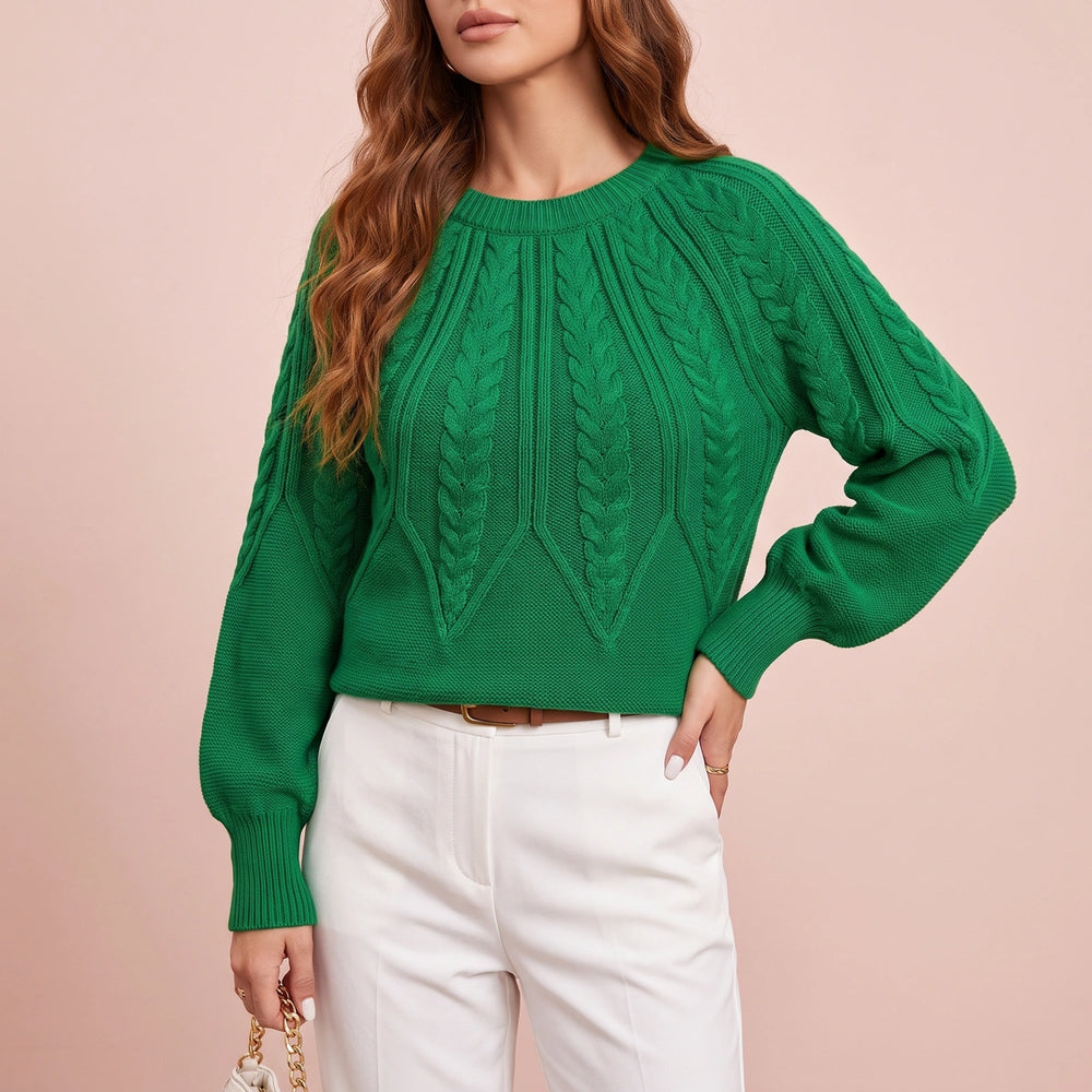 Ophelia Cable Knit Balloon Sleeve Sweater - Green