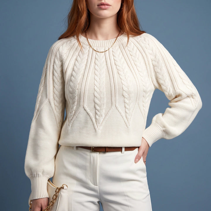 Ophelia Cable Knit Balloon Sleeve Sweater - White