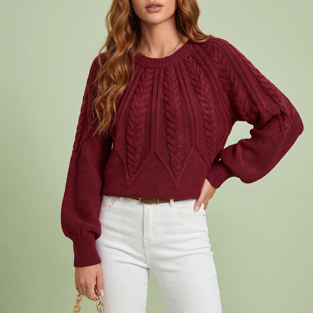 Ophelia Cable Knit Balloon Sleeve Sweater - Wine