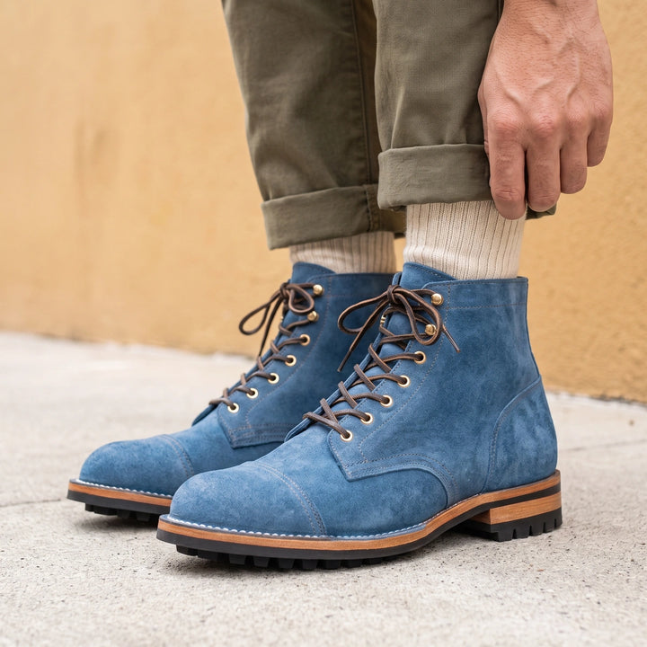 Oswald Vegan Leather Cap Toe Lace Up Boots - Blue