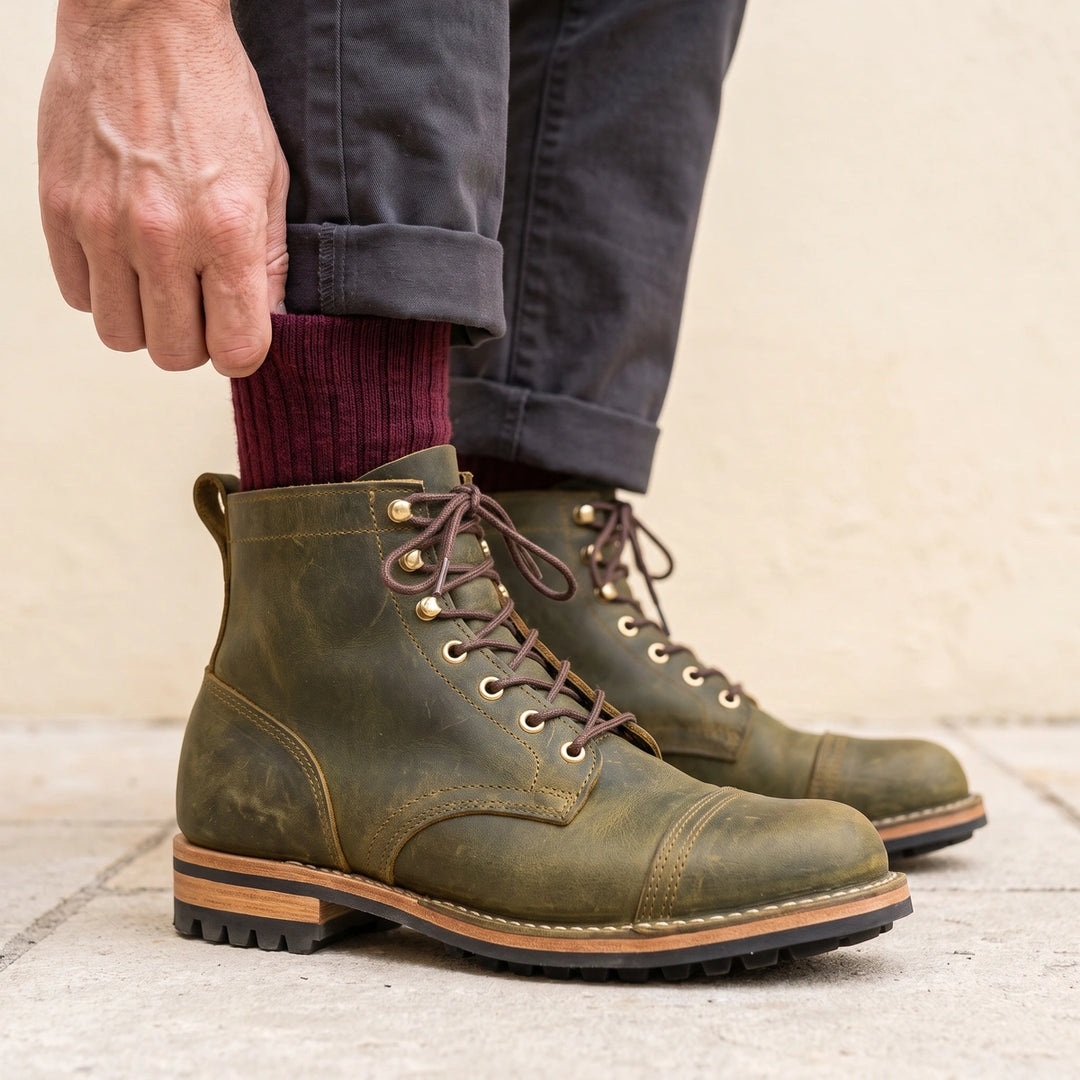 Oswald Vegan Leather Cap Toe Lace Up Boots - Olive