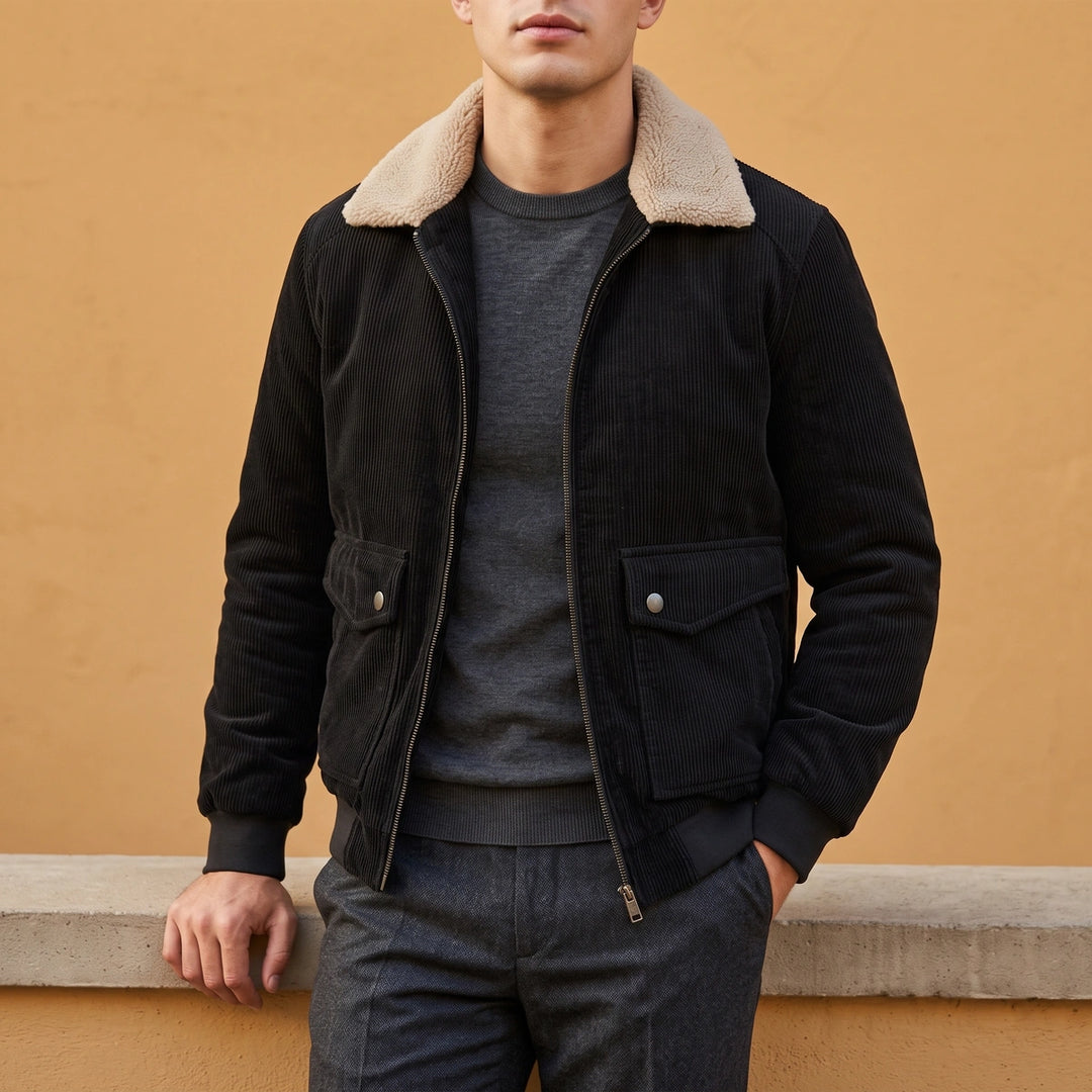 Ottavio Fleece Lined Corduroy Sherpa Collar Jacket - Black