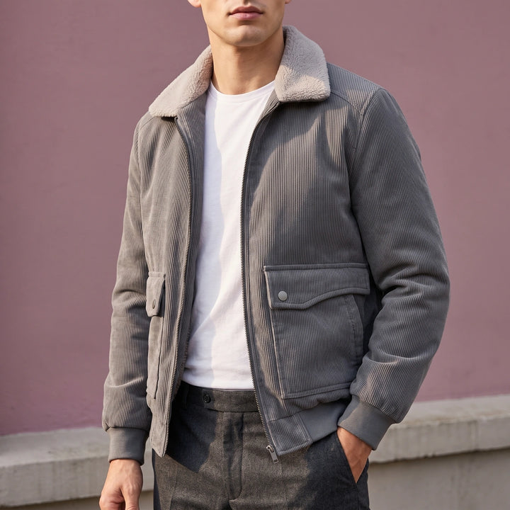 Ottavio Fleece Lined Corduroy Sherpa Collar Jacket - Gray