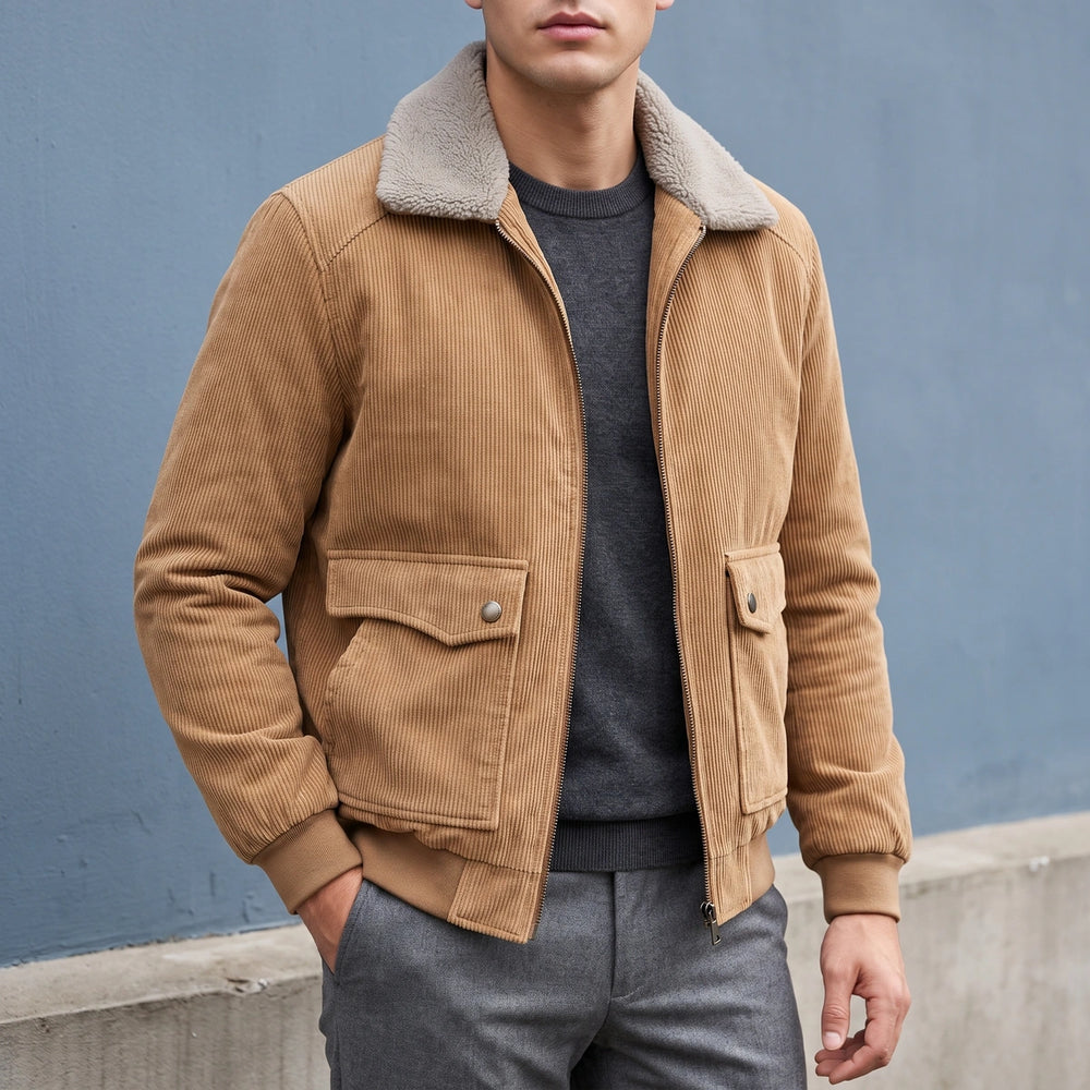 Ottavio Fleece Lined Corduroy Sherpa Collar Jacket - Khaki
