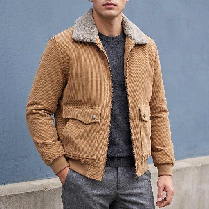 Ottavio Fleece Lined Corduroy Sherpa Collar Jacket - Khaki