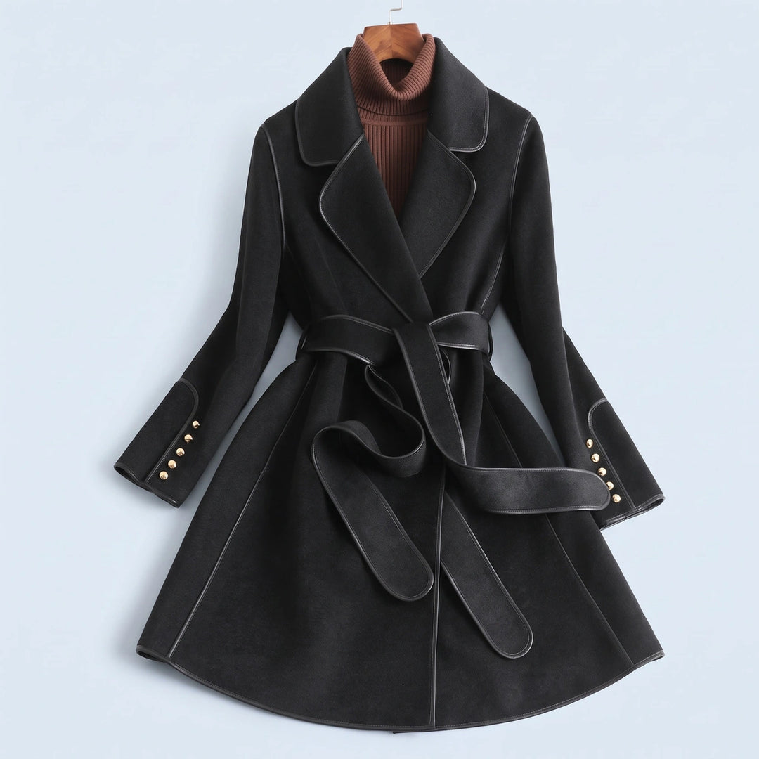 Paulette Piped Edge Belted Wool Blend Wrap Coat - Black