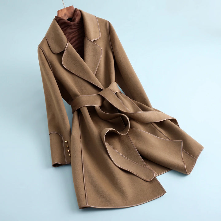 Paulette Piped Edge Belted Wool Blend Wrap Coat - Camel