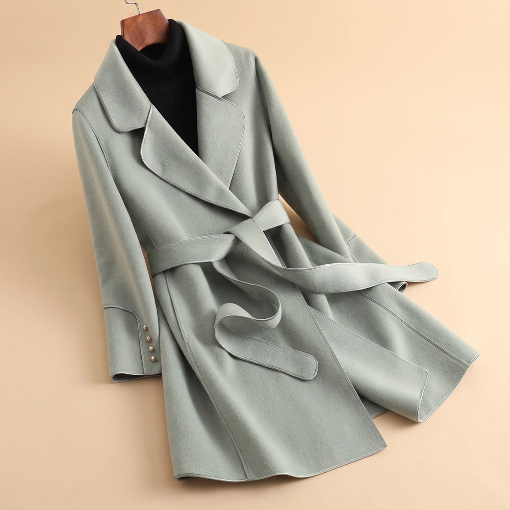 Paulette Piped Edge Belted Wool Blend Wrap Coat - Sage