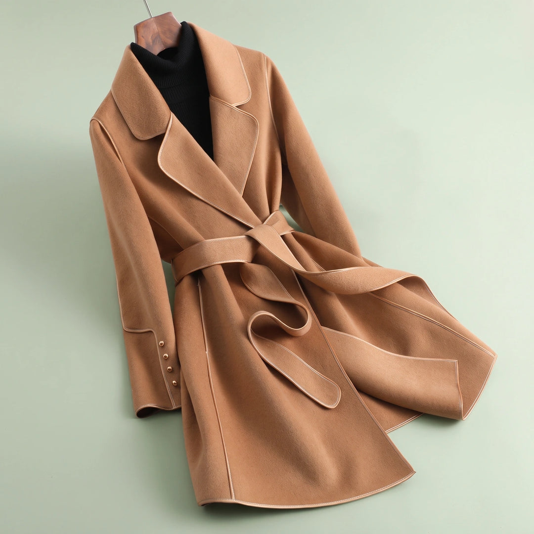 Paulette Piped Edge Belted Wool Blend Wrap Coat - Tan
