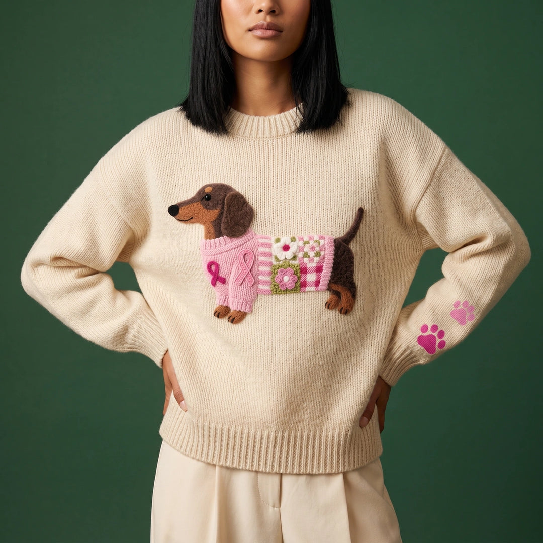 Penelope Dachshund Patchwork Sweater - Beige