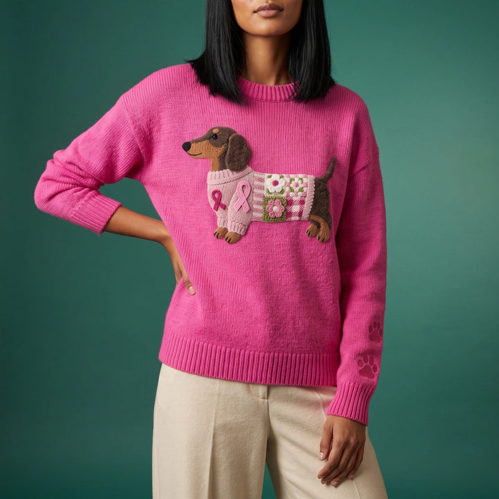 Penelope Dachshund Patchwork Sweater - Dark Pink
