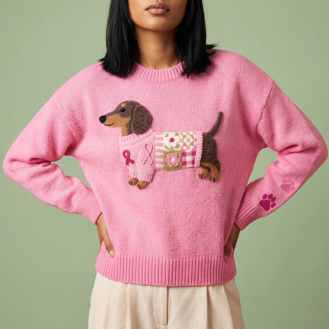 Penelope Dachshund Patchwork Sweater - Pink