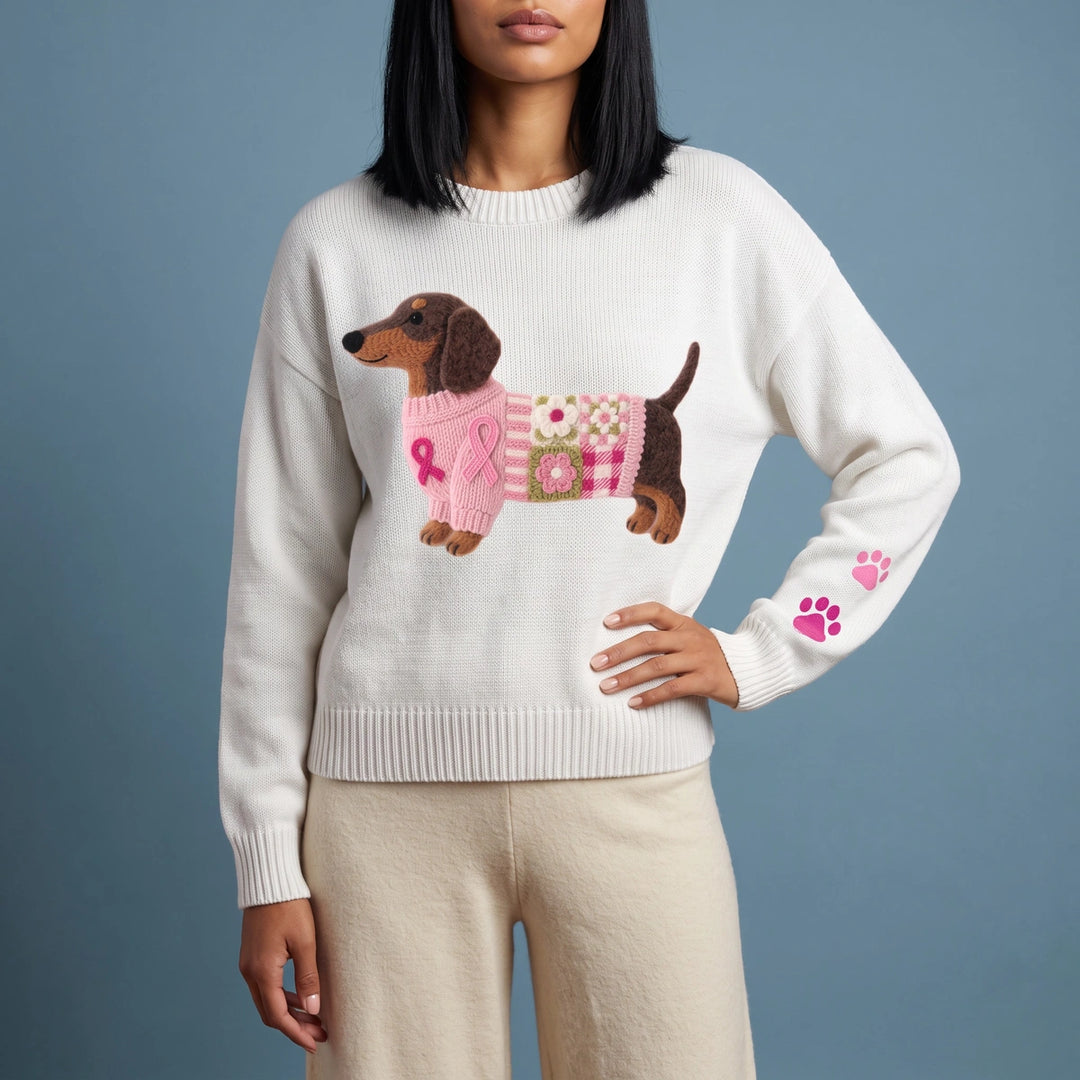 Penelope Dachshund Patchwork Sweater - White