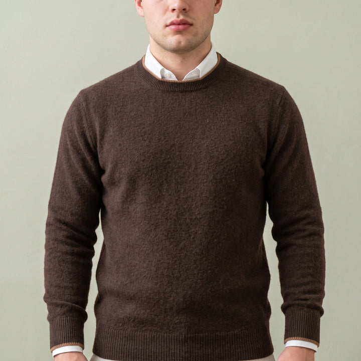 Percy Brushed Cashmere Contrast Tipped Crew Sweater - Coffee