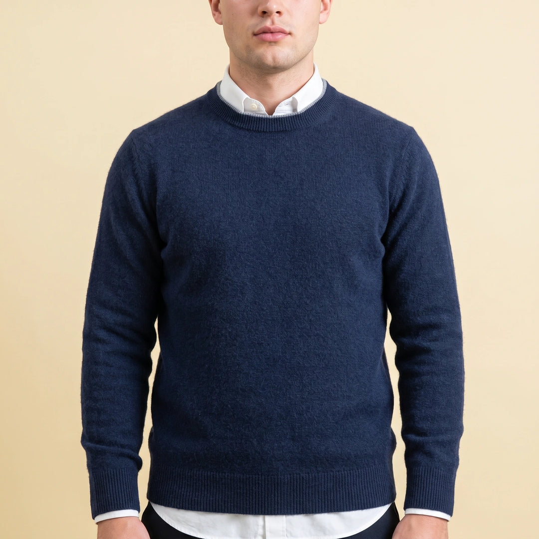 Percy Brushed Cashmere Contrast Tipped Crew Sweater - Navy Blue