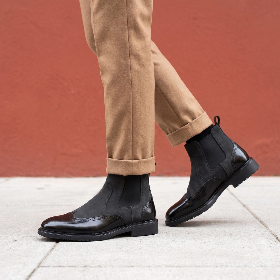 Pierre Genuine Suede Brogue Chelsea Boots - Black
