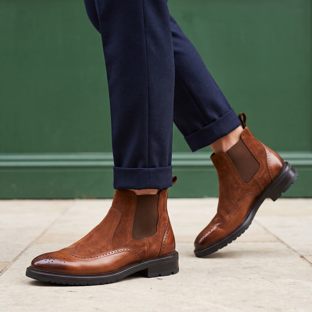 Pierre Genuine Suede Brogue Chelsea Boots - Brown