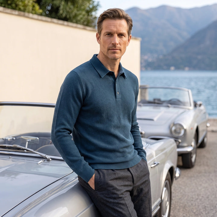 Piers Textured Knit Long Sleeve Polo Sweater - Blue