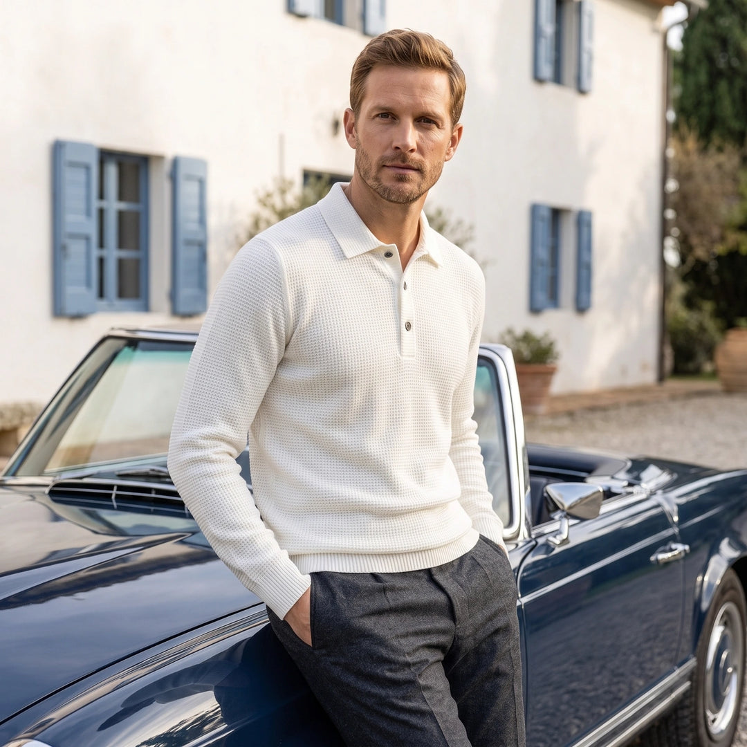 Piers Textured Knit Long Sleeve Polo Sweater - White