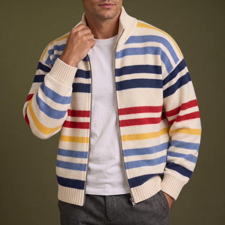 Ramsey Striped Wool Blend Zip Cardigan - Beige